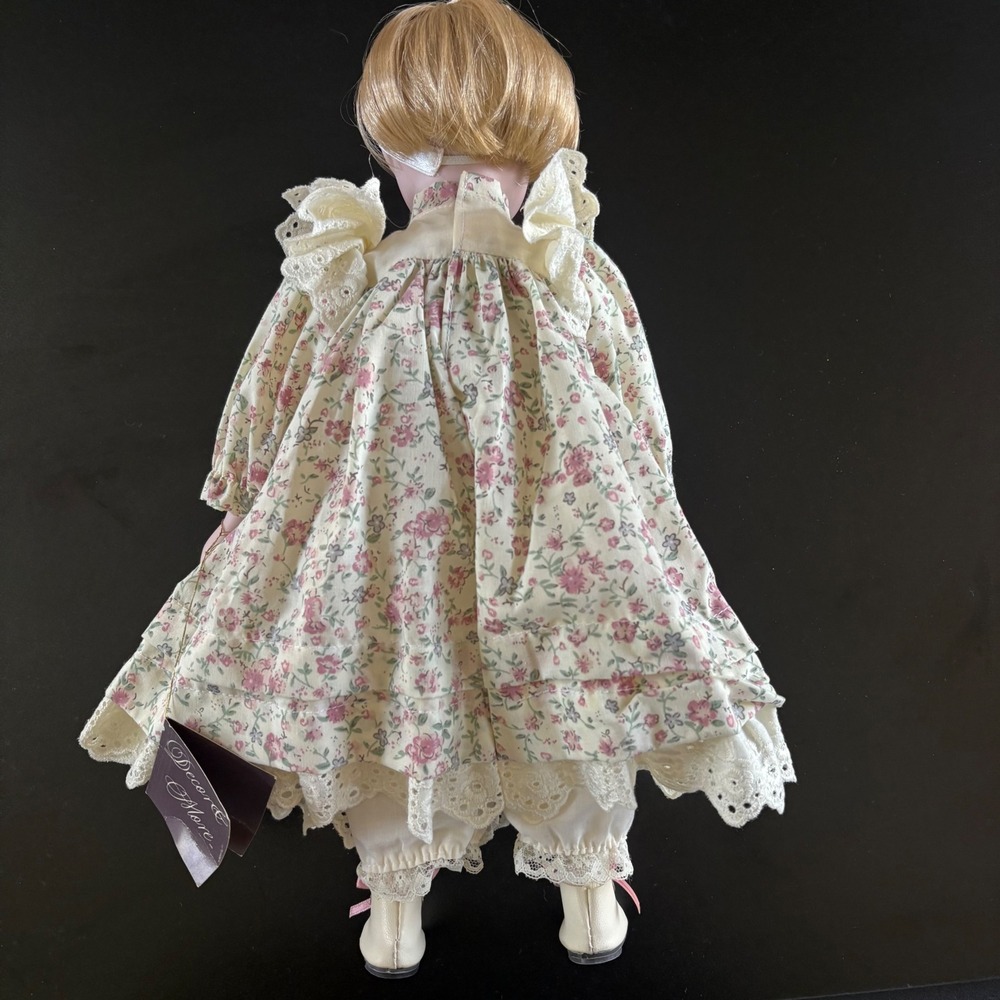 1990s porcelain doll flower linen dress blue eyes 15 inch tall girl blonde - Picture 8 of 14